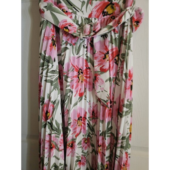 Tahari Pink Green Floral Print Pleated  Belted Midi Dress Sz 6 Pink White Green - Picture 4 of 8